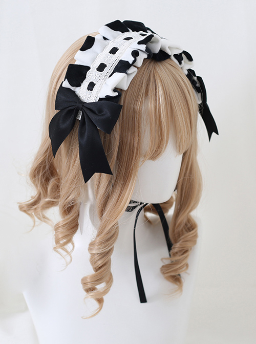 Bowknot Black White Milk Cow Sweet Lolita Short Plush Headband