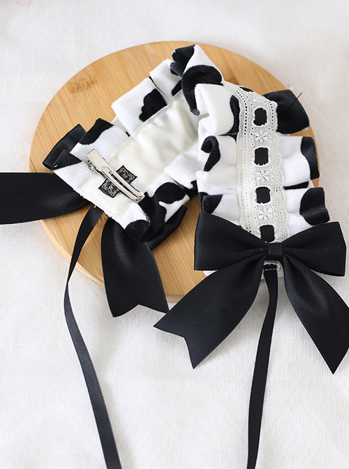 Bowknot Black White Milk Cow Sweet Lolita Short Plush Headband