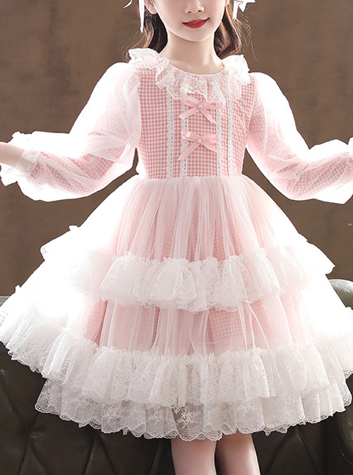 Bowknot White Tulle Lace Children Sweet Lolita Kids Plaid Long Sleeve Dress