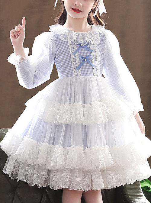 Bowknot White Tulle Lace Children Sweet Lolita Kids Plaid Long Sleeve Dress