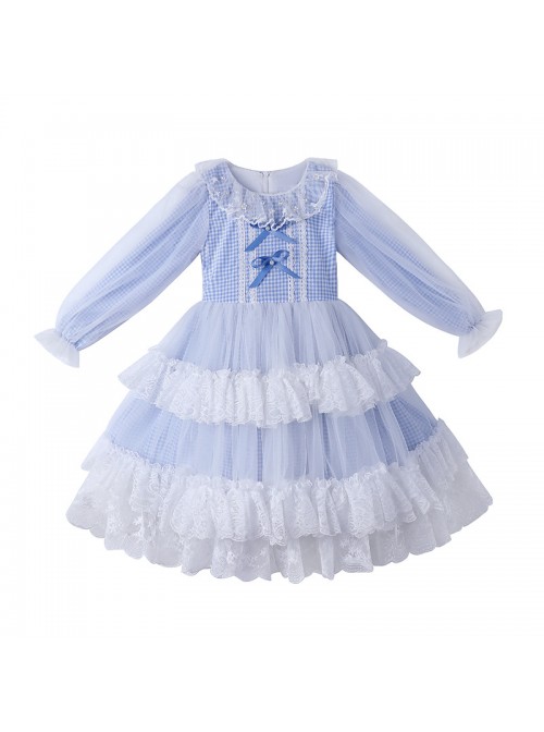 Bowknot White Tulle Lace Children Sweet Lolita Kids Plaid Long Sleeve Dress