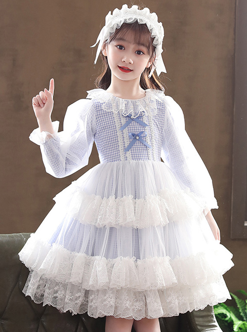 Bowknot White Tulle Lace Children Sweet Lolita Kids Plaid Long Sleeve Dress