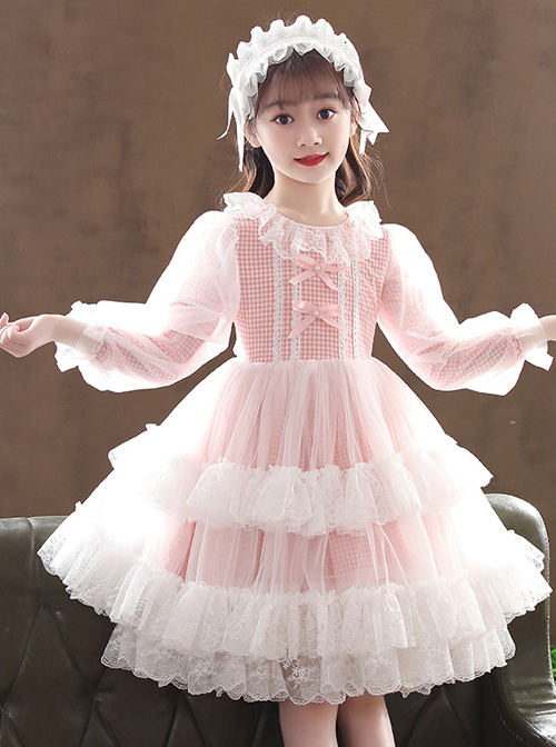 Bowknot White Tulle Lace Children Sweet Lolita Kids Plaid Long Sleeve Dress