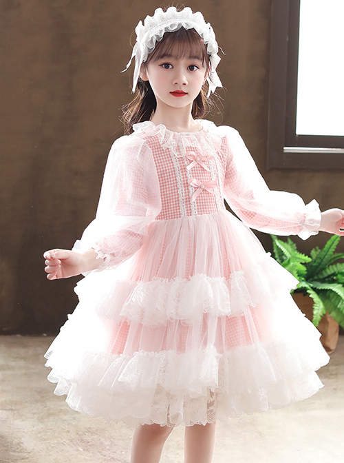 Bowknot White Tulle Lace Children Sweet Lolita Kids Plaid Long Sleeve Dress