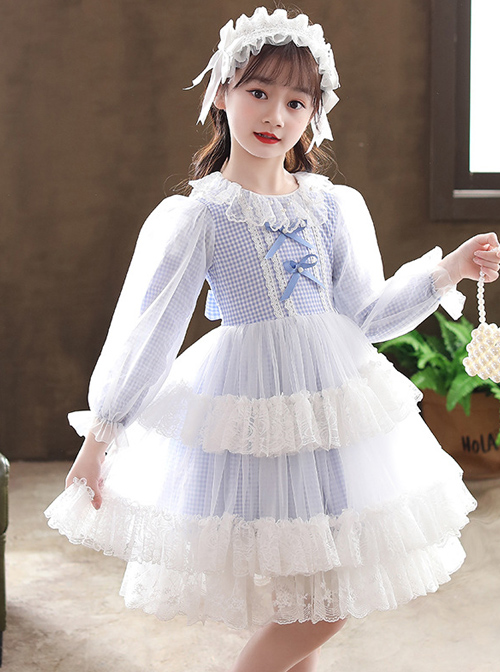 Bowknot White Tulle Lace Children Sweet Lolita Kids Plaid Long Sleeve Dress