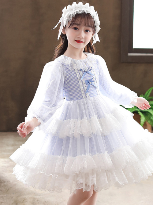 Bowknot White Tulle Lace Children Sweet Lolita Kids Plaid Long Sleeve Dress