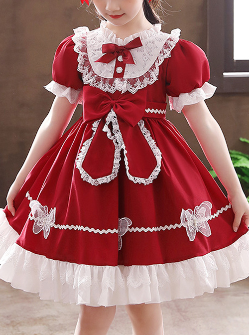 Pure Color Big Bowknot White Lace Children Sweet Lolita Kids Short Sleeve Dress