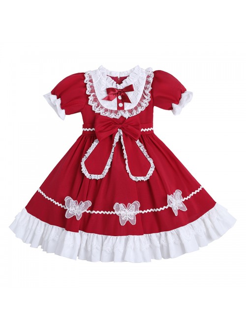 Pure Color Big Bowknot White Lace Children Sweet Lolita Kids Short Sleeve Dress