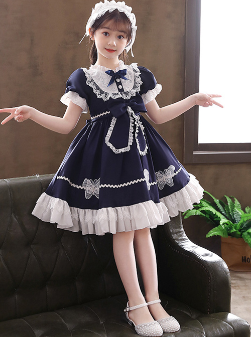 Pure Color Big Bowknot White Lace Children Sweet Lolita Kids Short Sleeve Dress