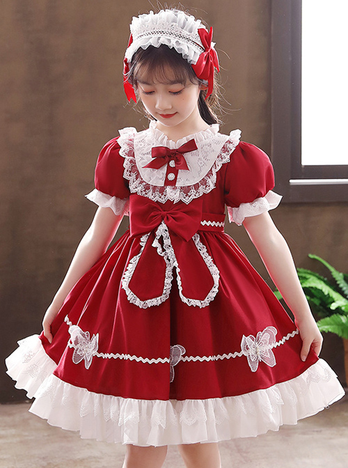 Pure Color Big Bowknot White Lace Children Sweet Lolita Kids Short Sleeve Dress