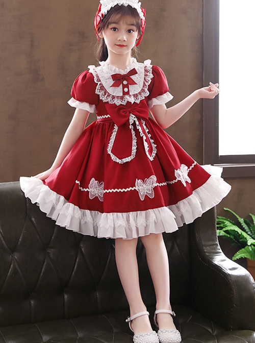 Pure Color Big Bowknot White Lace Children Sweet Lolita Kids Short Sleeve Dress