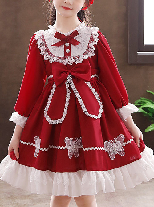 White Lace Pure Color Big Bowknot Children Sweet Lolita Kids Long Sleeve Dress