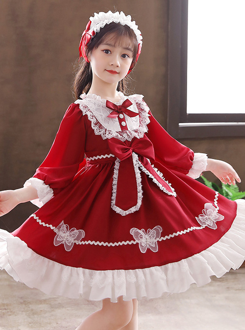 White Lace Pure Color Big Bowknot Children Sweet Lolita Kids Long Sleeve Dress