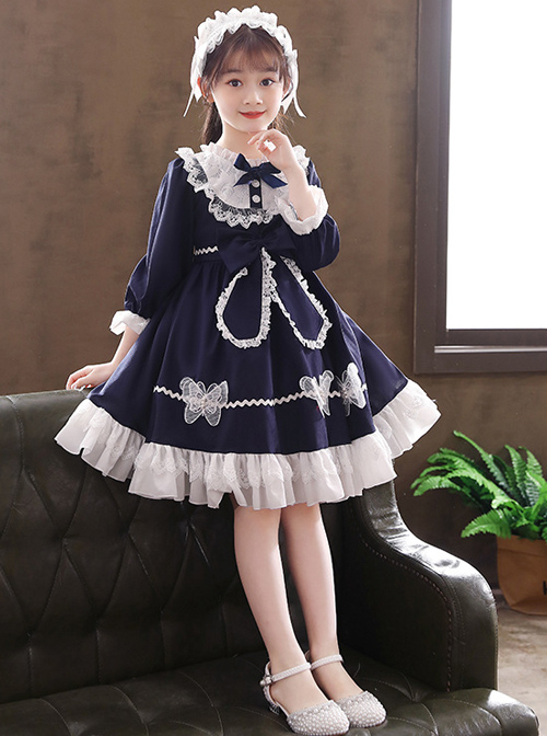 White Lace Pure Color Big Bowknot Children Sweet Lolita Kids Long Sleeve Dress