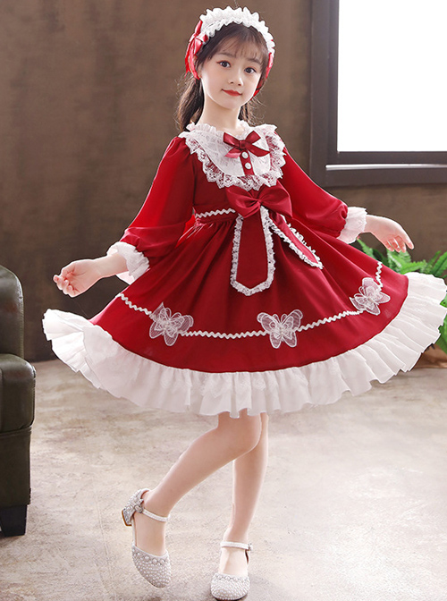 White Lace Pure Color Big Bowknot Children Sweet Lolita Kids Long Sleeve Dress