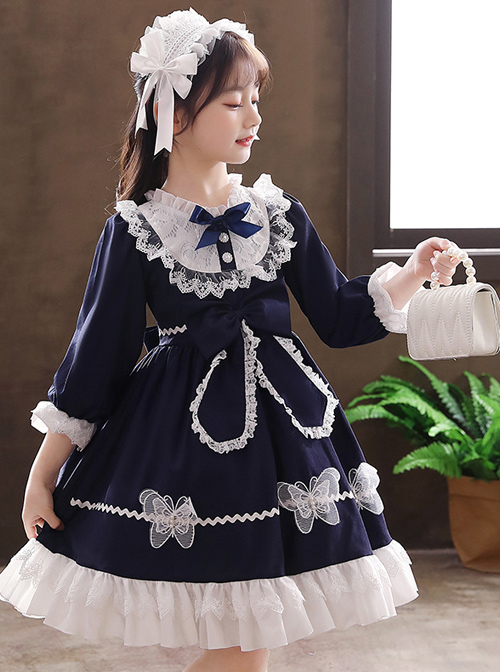 White Lace Pure Color Big Bowknot Children Sweet Lolita Kids Long Sleeve Dress