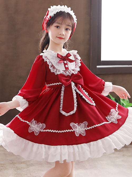 White Lace Pure Color Big Bowknot Children Sweet Lolita Kids Long Sleeve Dress