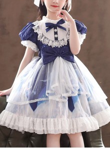 Ruffle Round Collar Bowknot Children Sweet Lolita Puff Sleeve Short Sleeve Dress