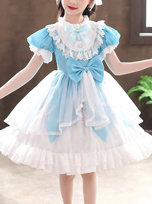 Ruffle Round Collar Bowknot Children Sweet Lolita Puff Sleeve Short Sleeve Dress