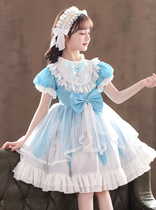 Ruffle Round Collar Bowknot Children Sweet Lolita Puff Sleeve Short Sleeve Dress