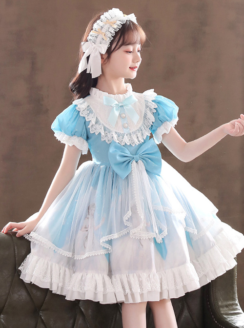 Ruffle Round Collar Bowknot Children Sweet Lolita Puff Sleeve Short Sleeve Dress