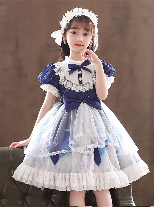 Ruffle Round Collar Bowknot Children Sweet Lolita Puff Sleeve Short Sleeve Dress