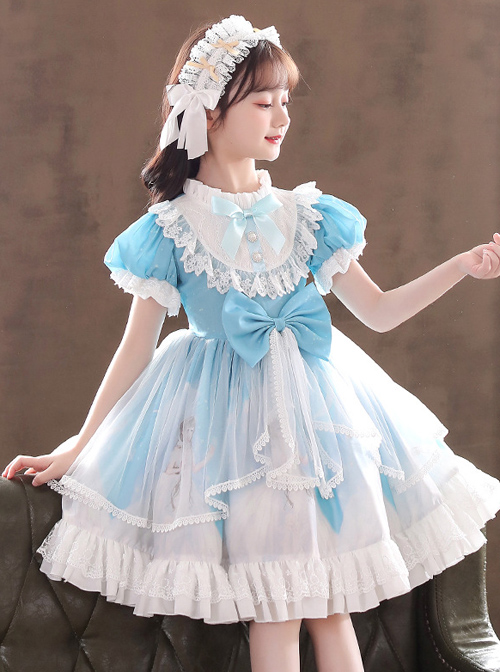 Ruffle Round Collar Bowknot Children Sweet Lolita Puff Sleeve Short Sleeve Dress