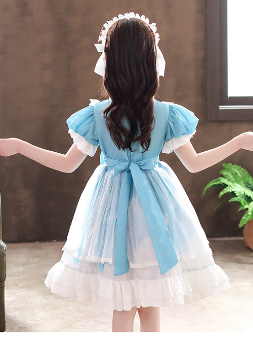 Ruffle Round Collar Bowknot Children Sweet Lolita Puff Sleeve Short Sleeve Dress