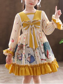 Retro Navy Style Collar Cute Bunny Printing Children Sweet Lolita Long Sleeve Dress