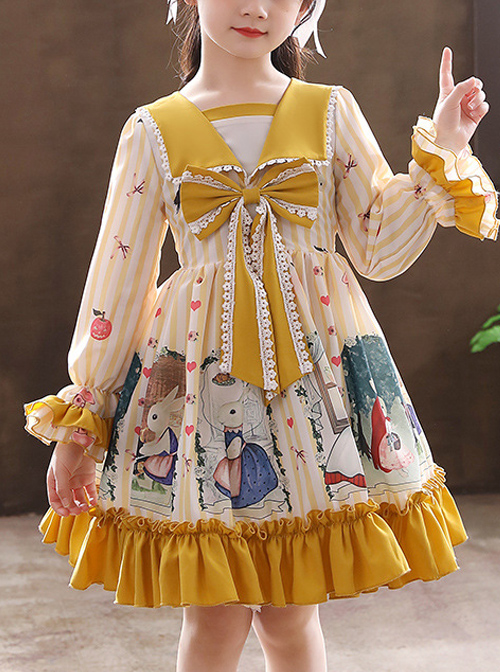 Retro Navy Style Collar Cute Bunny Printing Children Sweet Lolita Long Sleeve Dress