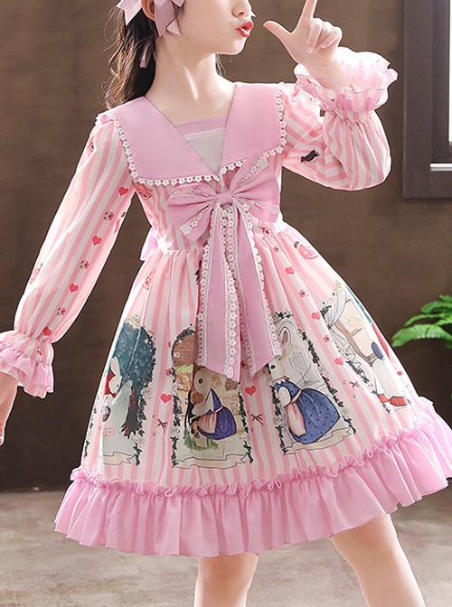 Retro Navy Style Collar Cute Bunny Printing Children Sweet Lolita Long Sleeve Dress