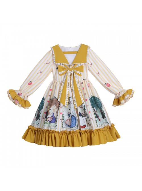 Retro Navy Style Collar Cute Bunny Printing Children Sweet Lolita Long Sleeve Dress