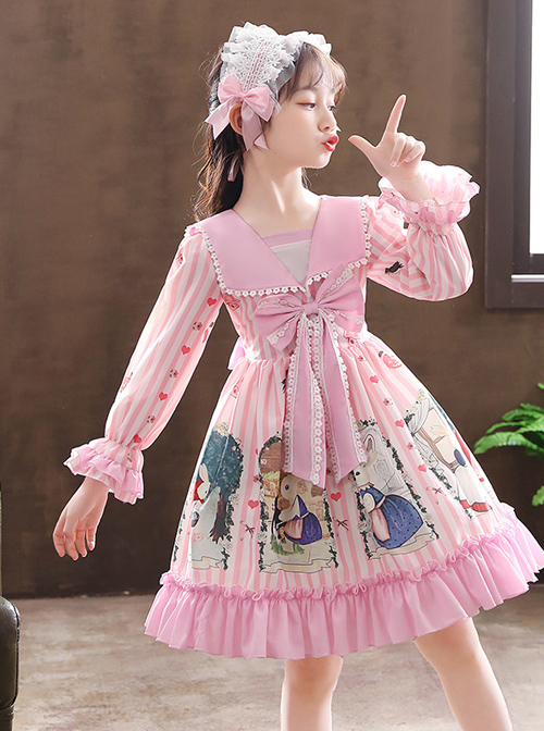 Retro Navy Style Collar Cute Bunny Printing Children Sweet Lolita Long Sleeve Dress