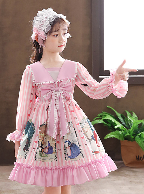 Retro Navy Style Collar Cute Bunny Printing Children Sweet Lolita Long Sleeve Dress