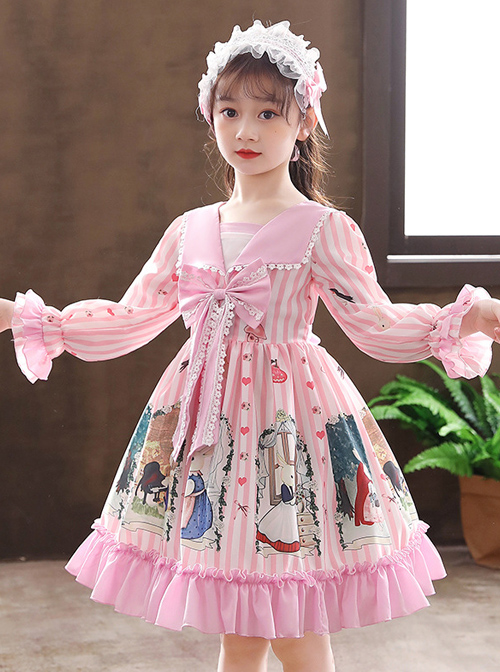 Retro Navy Style Collar Cute Bunny Printing Children Sweet Lolita Long Sleeve Dress