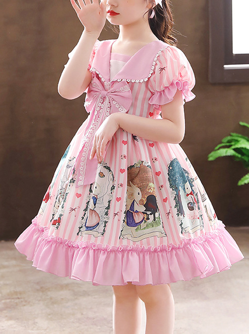 Cute Bunny Printing Retro Navy Style Collar Children Sweet Lolita Short Sleeve Dress