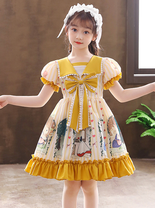 Cute Bunny Printing Retro Navy Style Collar Children Sweet Lolita Short Sleeve Dress