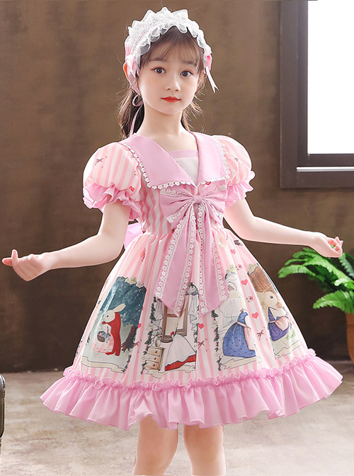 Cute Bunny Printing Retro Navy Style Collar Children Sweet Lolita Short Sleeve Dress