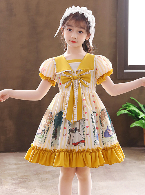 Cute Bunny Printing Retro Navy Style Collar Children Sweet Lolita Short Sleeve Dress