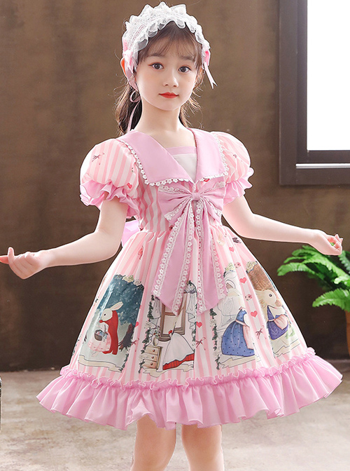 Cute Bunny Printing Retro Navy Style Collar Children Sweet Lolita Short Sleeve Dress