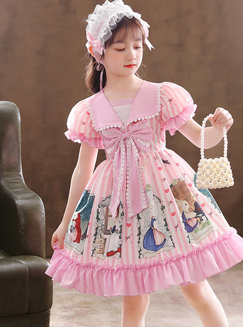Cute Bunny Printing Retro Navy Style Collar Children Sweet Lolita Short Sleeve Dress