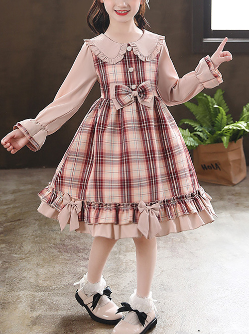 Doll Collar Bowknot Children School Lolita Kids Plaid Long Sleeve Dress