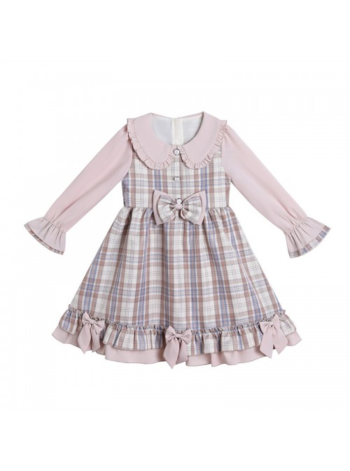 Doll Collar Bowknot Children School Lolita Kids Plaid Long Sleeve Dress