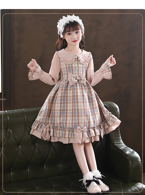 Doll Collar Bowknot Children School Lolita Kids Plaid Long Sleeve Dress