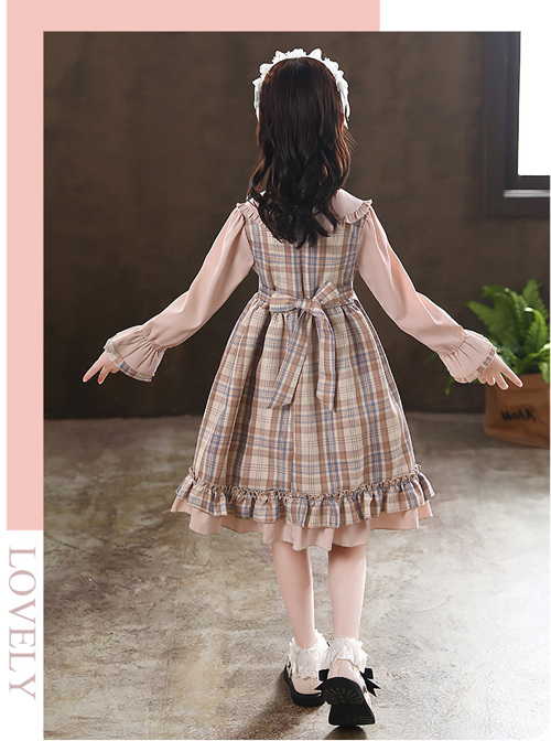 Doll Collar Bowknot Children School Lolita Kids Plaid Long Sleeve Dress