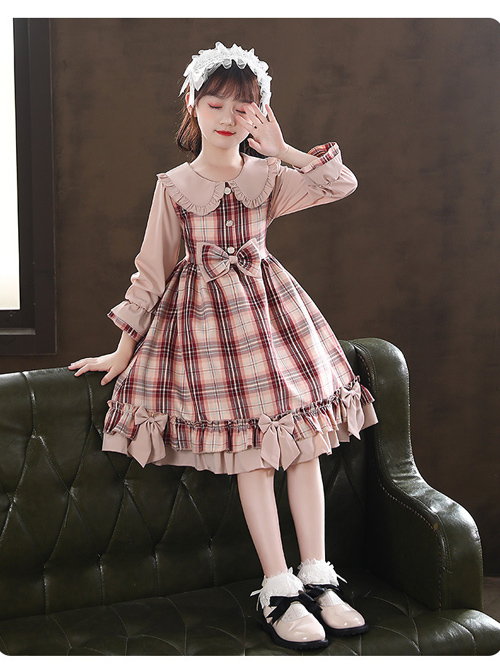 Doll Collar Bowknot Children School Lolita Kids Plaid Long Sleeve Dress