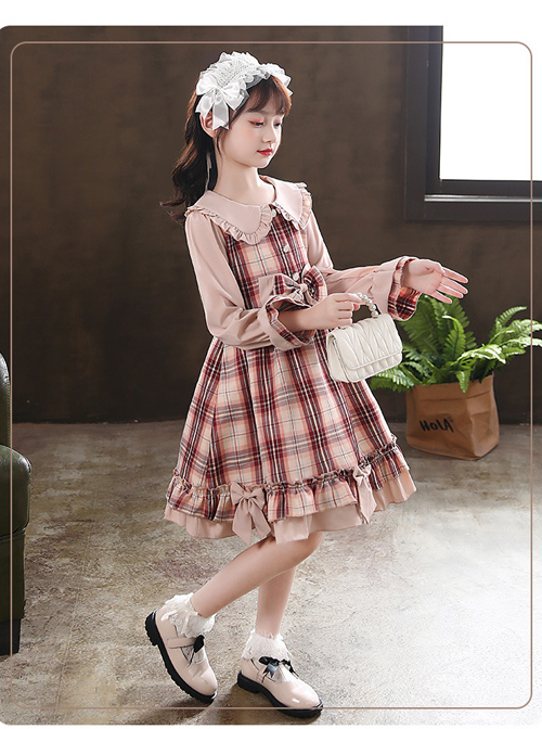 Doll Collar Bowknot Children School Lolita Kids Plaid Long Sleeve Dress