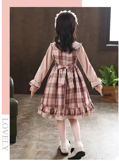 Doll Collar Bowknot Children School Lolita Kids Plaid Long Sleeve Dress