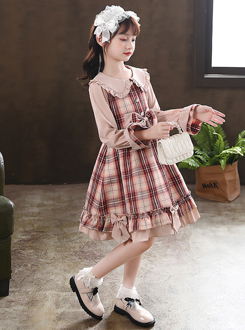 Doll Collar Bowknot Children School Lolita Kids Plaid Long Sleeve Dress