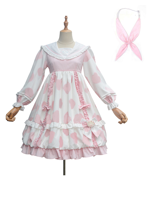 Ranch Story Series OP Cute Cat Paw Printing Sweet Lolita Multicolor Long Sleeve Dress